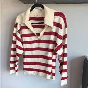 Mango Red and Cream Striped V-Neck Sweater